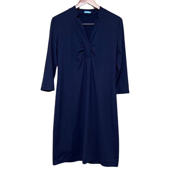 J. McLaughlin Dresses & Skirts - J. McLaughlin Navy Blue 3/4 Sleeve V-Neck Gathered Knee Length Dress Size Medium